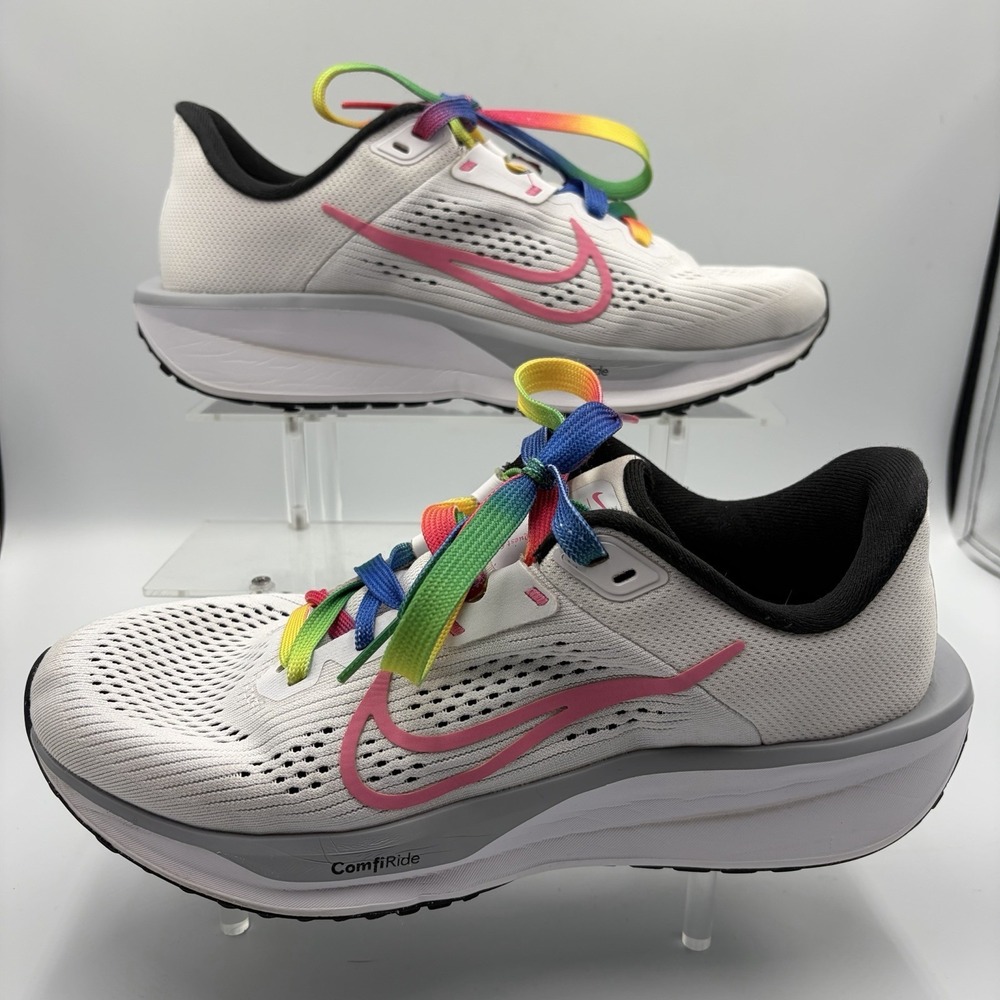 Nike QUEST 6 FD6034 102 Women's Size 8.5 White/Black-Pinksicle Rainbow Laces‎